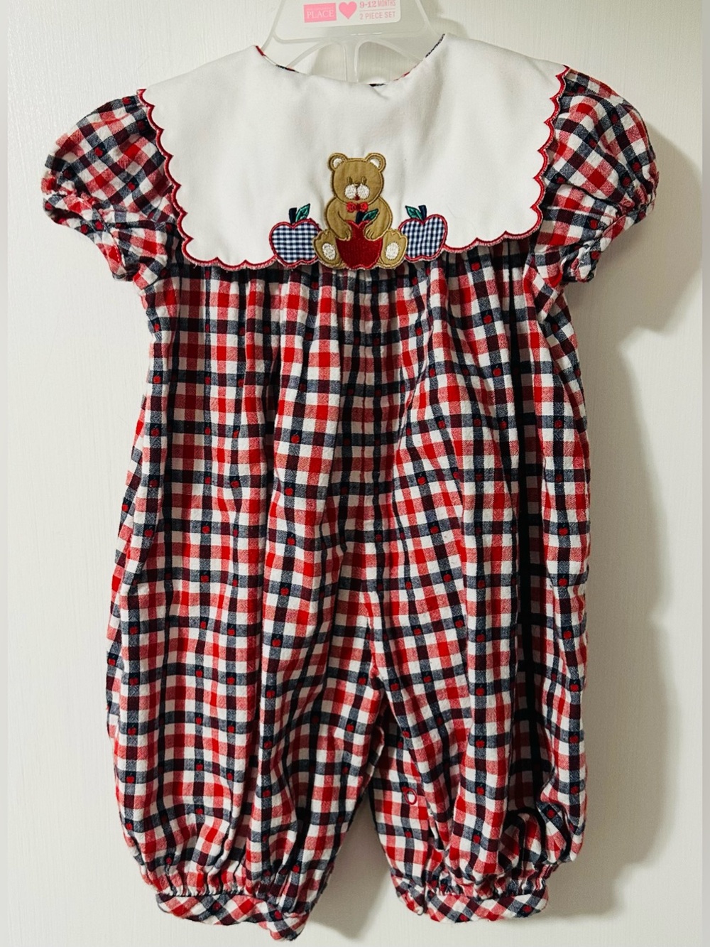 Vintage Bonnie Baby Plaid Bear Appliqué Bubble Romper